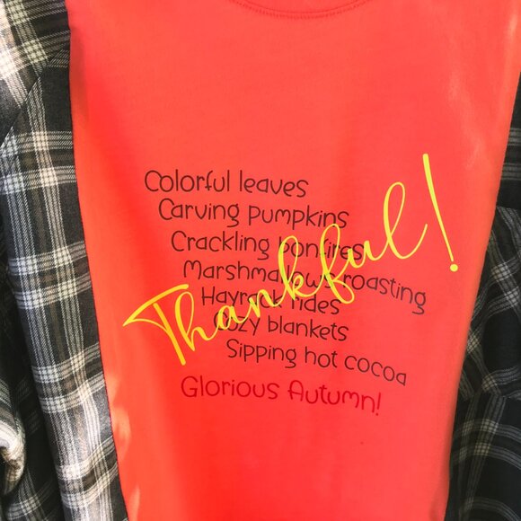 Reworked Flannel Shirt, Plus Size: Upcycled Oversized Thankful Autumn Graphics - Picture 8 of 9